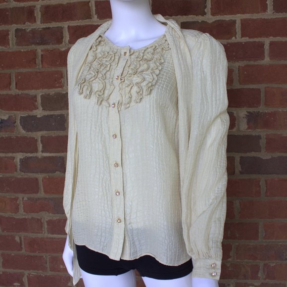 Milly of New York | Ivory 100% Silk Blouse | Long Sleeve, Ruffles & Tie Neck | 2 - Picture 7 of 12